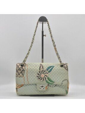 Chanel Canvas Quilted Flower Chain Shoulder Bag Light Blue Price Negotiation
